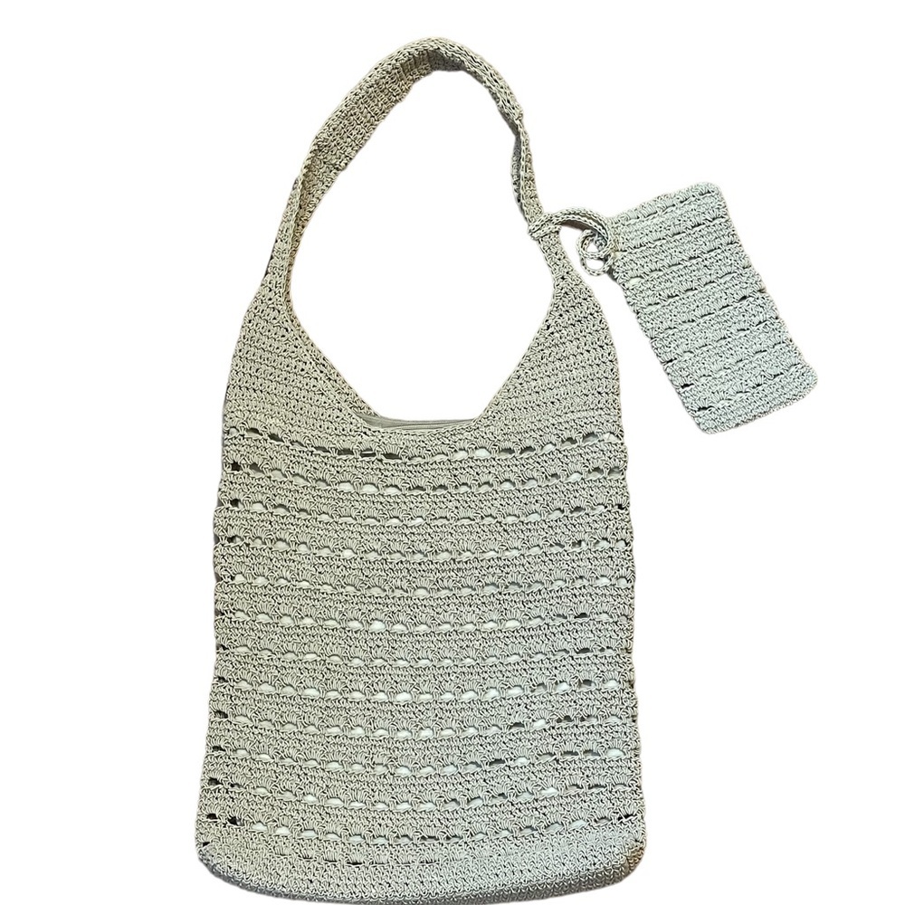 Woven crocheted tan shoulder bag with eyeglass case - Picture 4 of 7